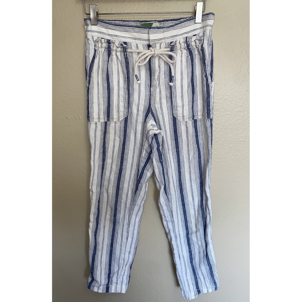 Anthropologie Seashore Striped Linen Blend Pants Size 2 White Blue Drawstring